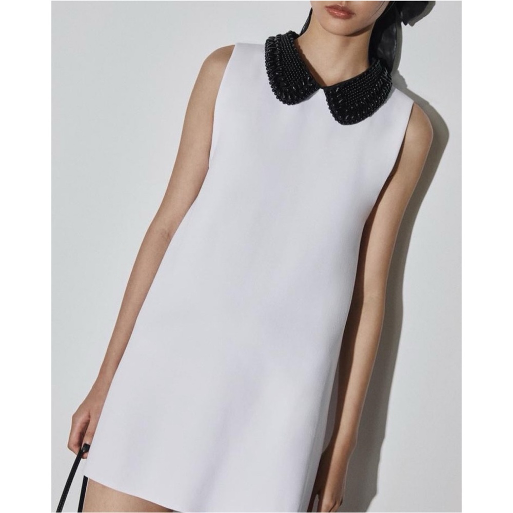 Zara White Shift Dress with Black Beaded Peter Pan Collar